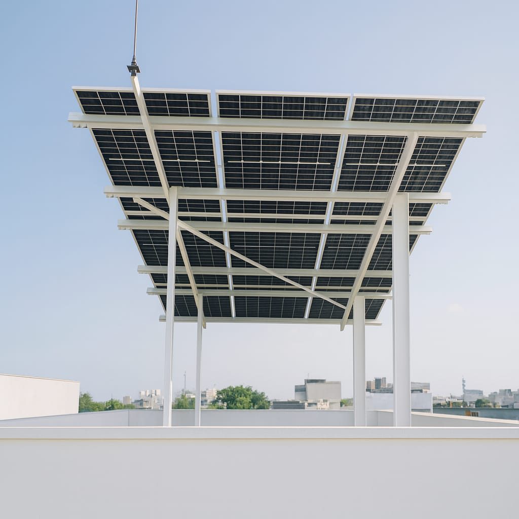 Elevated solar panel structure on a rooftop
