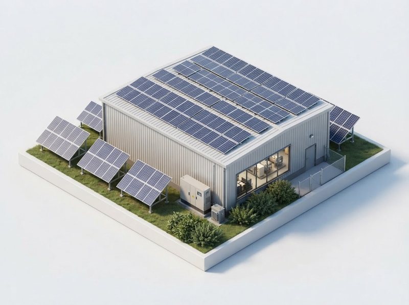 Illustration of a factory building with solar panels on its roof and ground-mounted arrays beside it