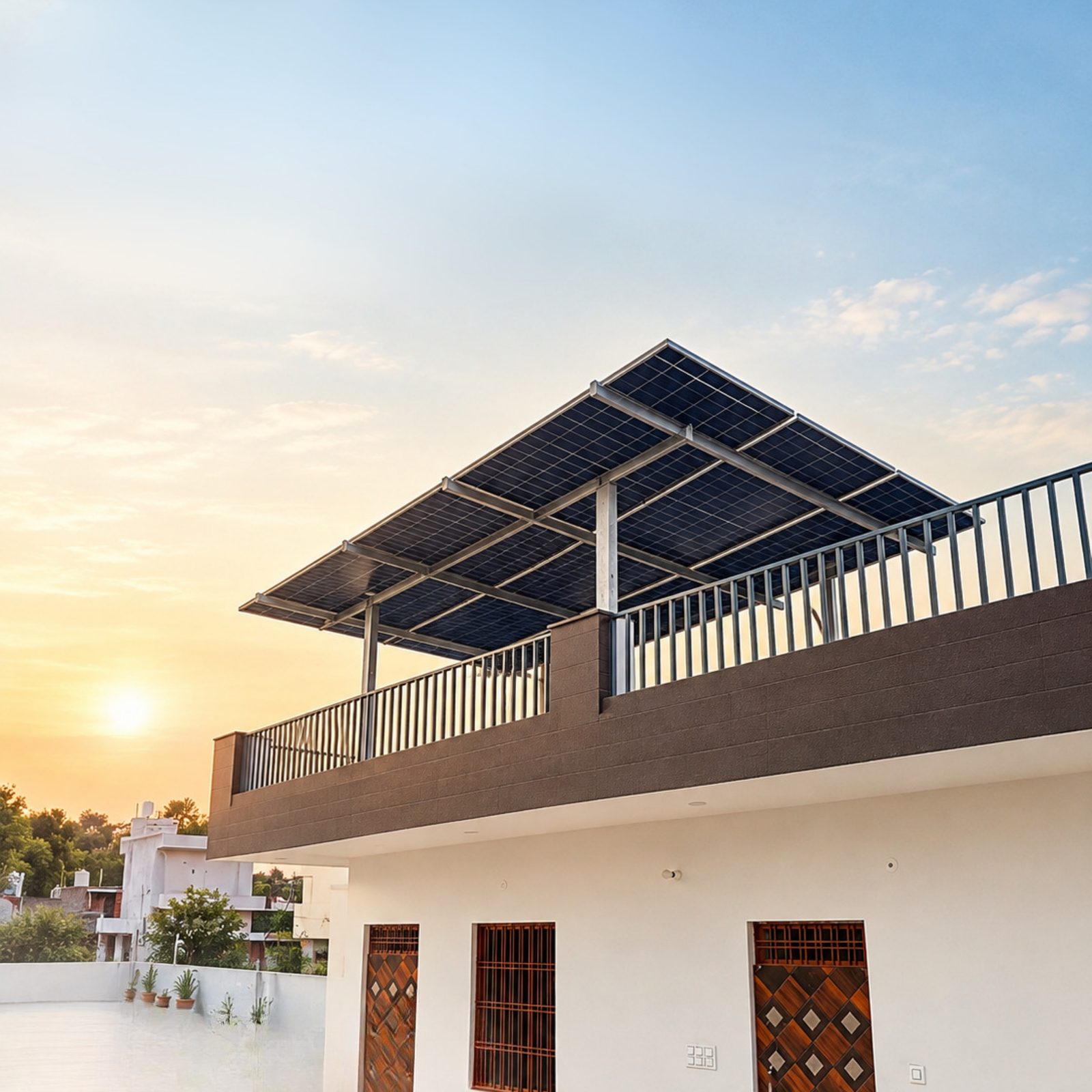 SolarSpot elevated solar structure on a home rooftop at sunrise