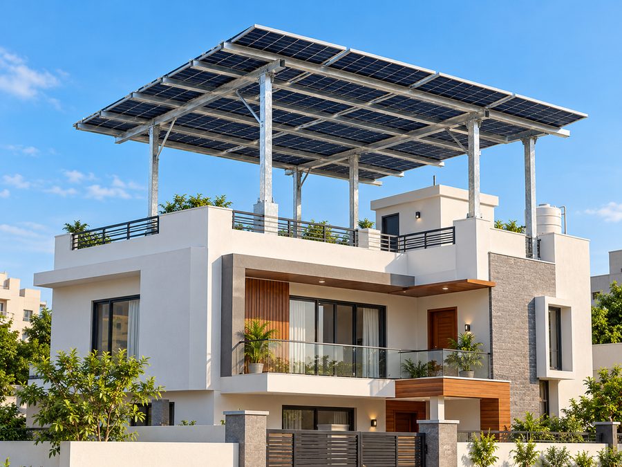 Modern Indian home with an elevated SolarSpot solar structure over its terrace