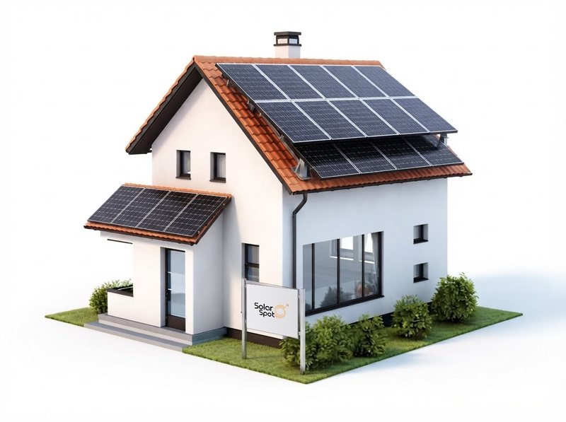 Illustration of a building with solar panels on its roofs and a SolarSpot sign in front