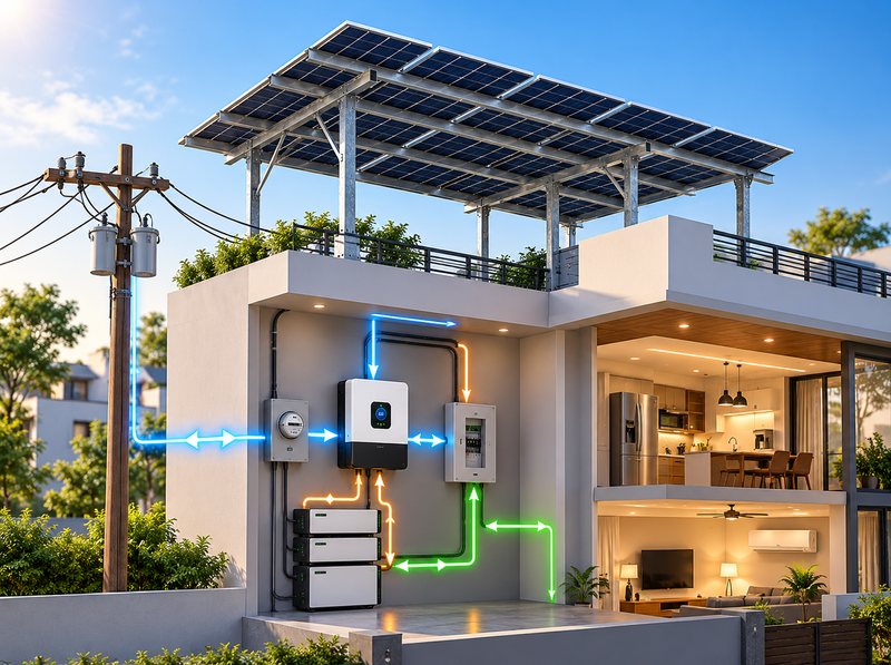 Cutaway illustration of a home with an elevated solar structure, hybrid inverter, and battery stack, showing power flowing to the house and the grid