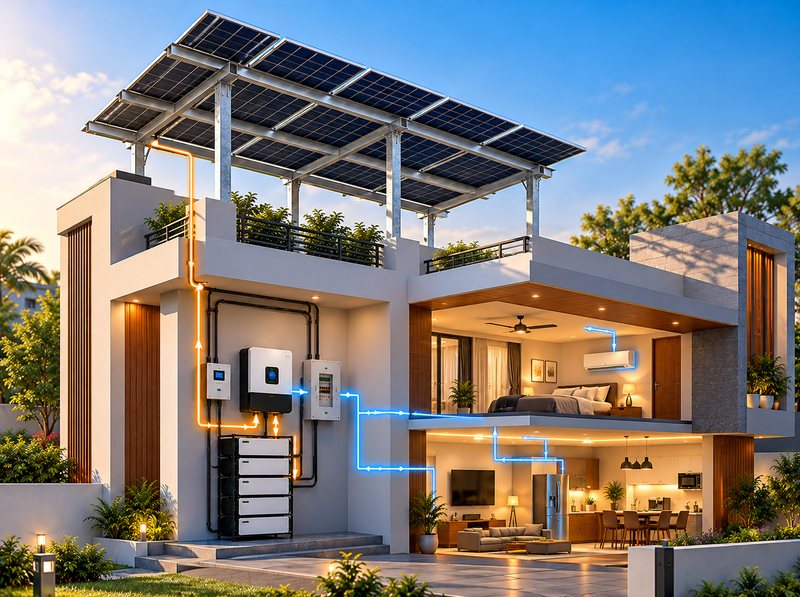 Cutaway illustration of a home with an elevated solar structure, inverter, and battery bank powering every room