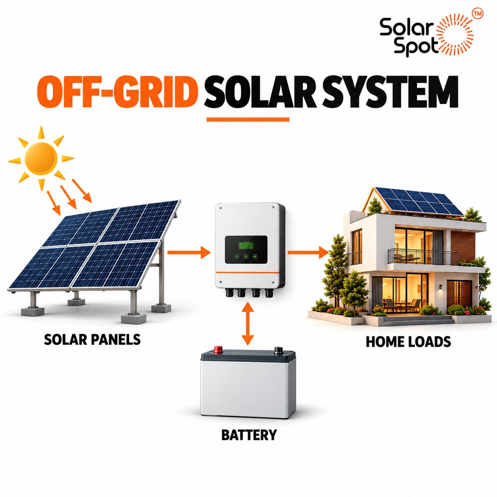 SolarSpot diagram of an off-grid solar system: solar panels feed an inverter that powers home loads and charges a battery