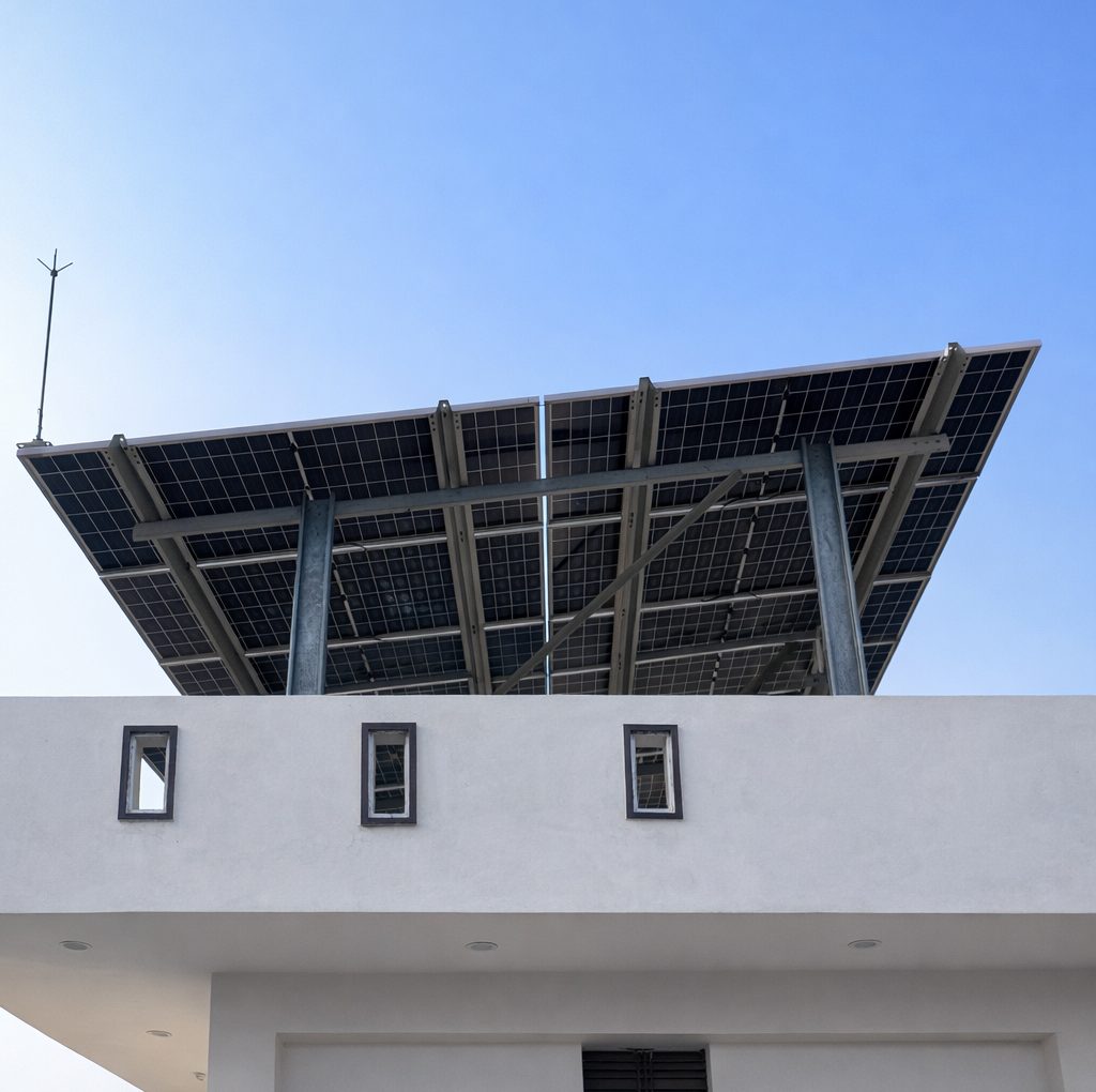 Elevated solar canopy with a lightning arrester on a modern home