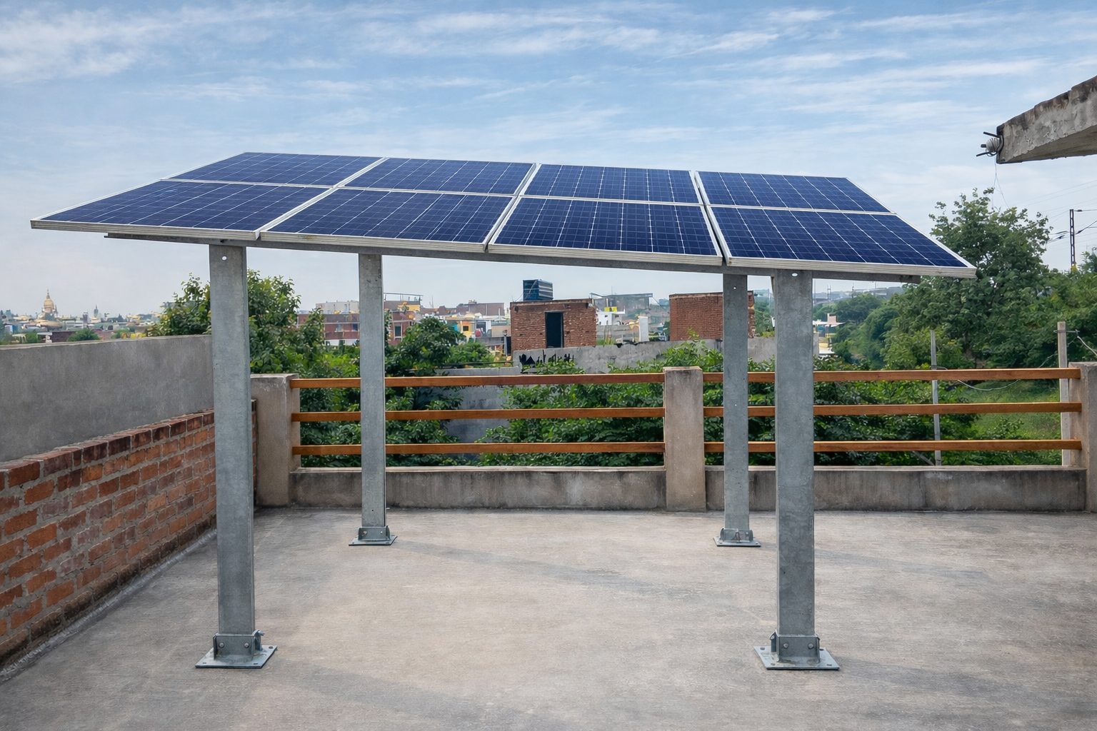 Four-leg solar canopy on an Indian terrace