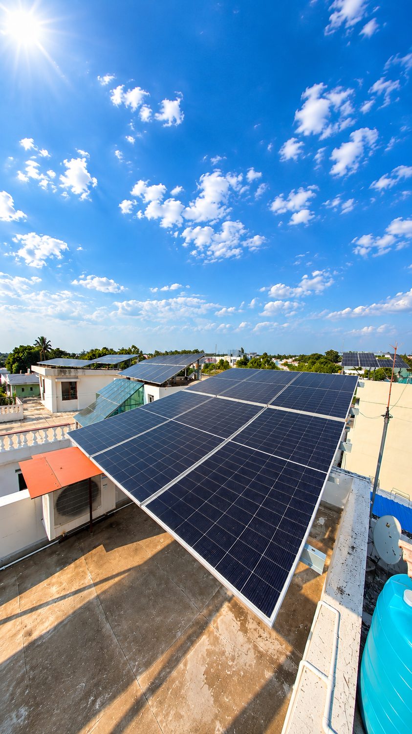 Rooftop solar array on an Indian home under a sunny blue sky
