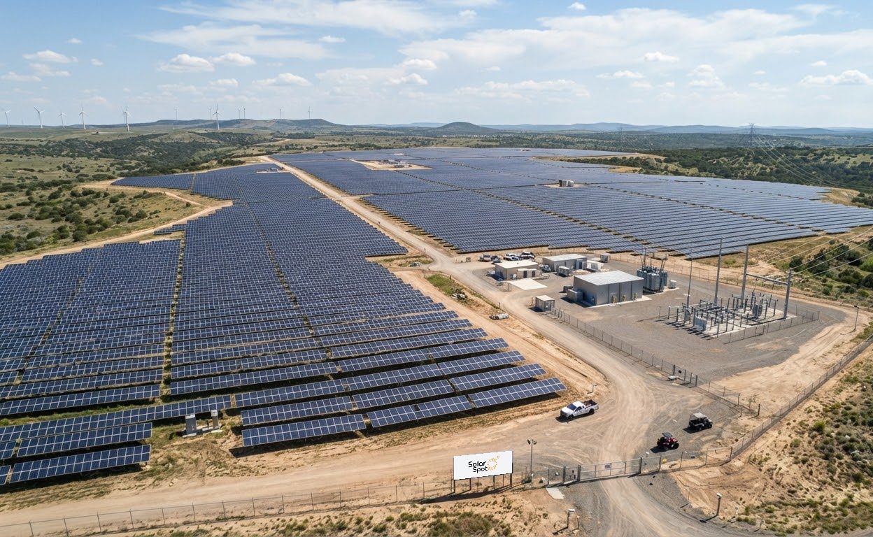 Large ground-mounted solar plant with its own substation and control buildings