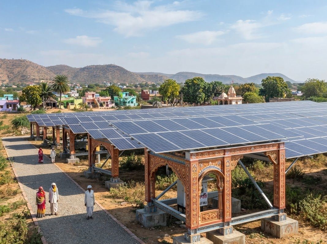 Large elevated solar plant with carved pillars beside a village path