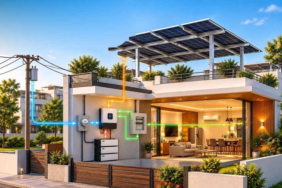 Home with an elevated rooftop solar structure, inverter, battery, and net meter, showing power flowing to the house and the grid