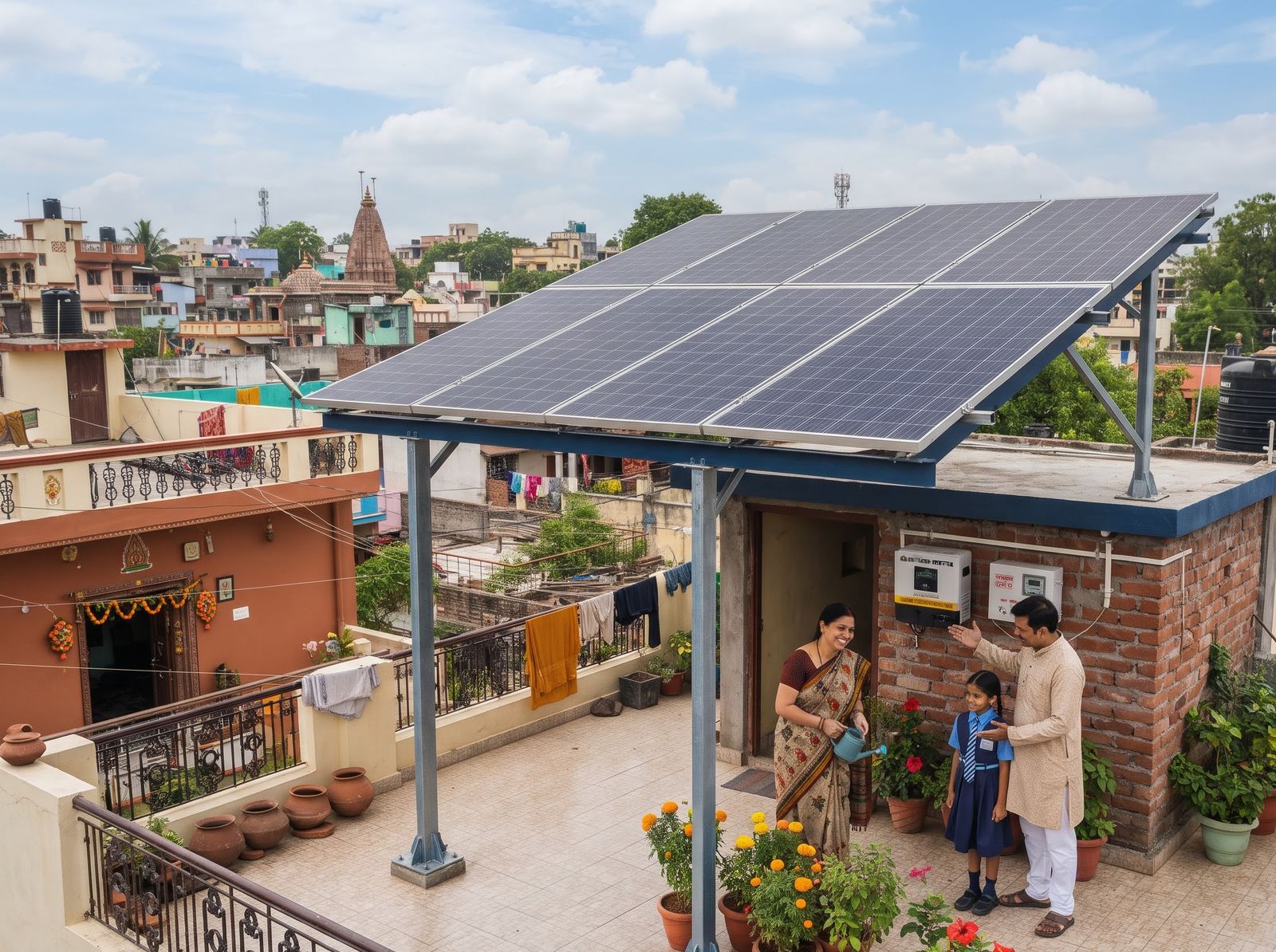 A family on their terrace under a SolarSpot solar structure, with the inverter on the wall