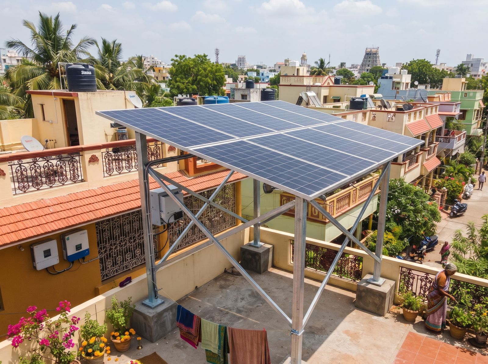 Elevated solar structure with eight panels on a home terrace in an Indian neighbourhood