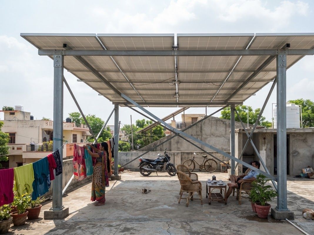 A family using their open terrace under an elevated SolarSpot solar structure