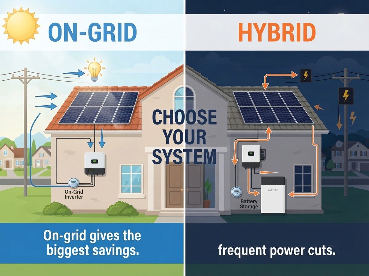 Illustration comparing an on-grid solar home that sends power to the grid with a hybrid solar home that stores power in a battery
